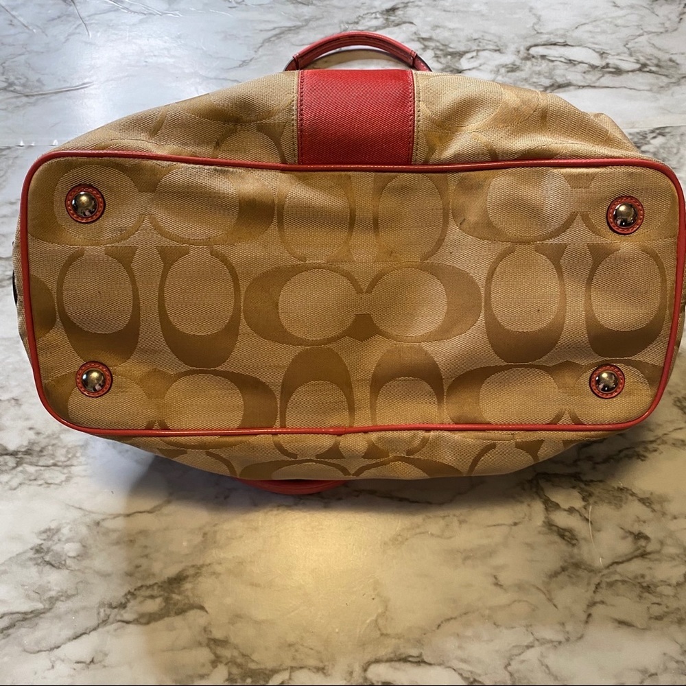 Coach Signature Stripe Satchel Kisslock Carryall Red Tan Canvas Leather F19190 - Picture 8 of 8